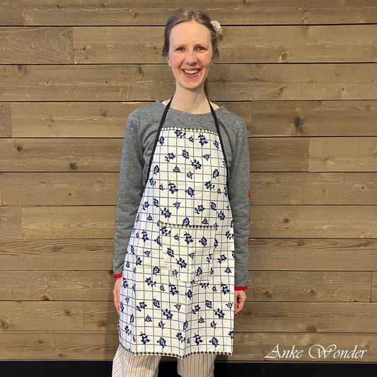 Blue Floral Print Cotton Kitchen Apron with Pocket - Anke Wonder LLC