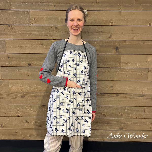 Blue Floral Print Cotton Kitchen Apron with Pocket - Anke Wonder LLC