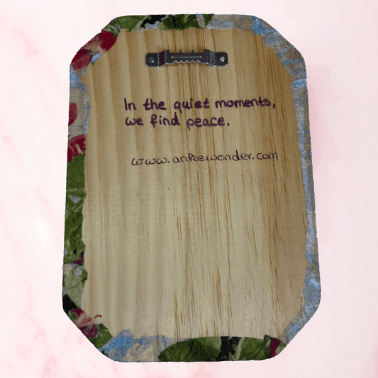 Back view of handmade wooden wall art with mounting hooks for easy hanging - made by Anke Wonder.