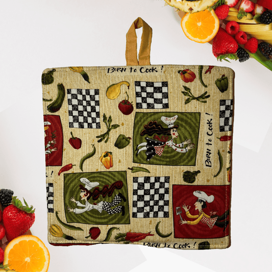 Backview of Handmade Square Potholder 'Born to Cook' Fabric by Anke Wonder.