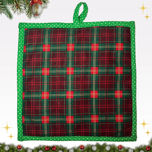 Backside of the Gingerbread Christmas potholder made entirely of classic red and green plaid fabric, perfect for festive kitchen decor.