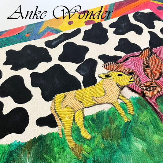 Hand-Embroidered Acrylic Cow Painting - Original - Anke Wonder LLC