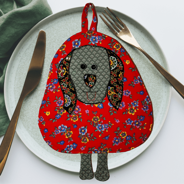 Dog Potholder: Red Floral Handmade Kitchen Accessories - Anke Wonder LLC