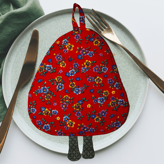 Dog Potholder: Red Floral Handmade Kitchen Accessories - Anke Wonder LLC