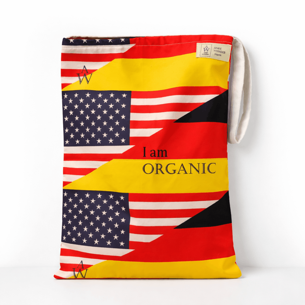 Bag with a colorful design featuring an American and German flag and text on a white background