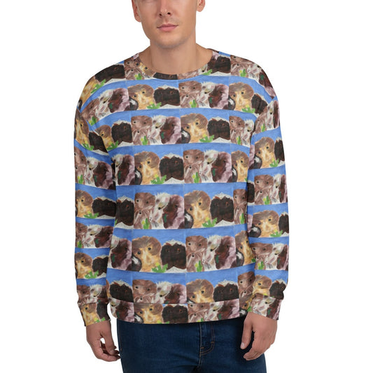 Man wearing a sweater with a Guinea Pig pattern.
