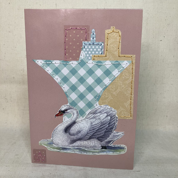 Front of Hand-Embroidered Pink vintage greeting card with a swan and Milwaukee skyline application by Anke Wonder.