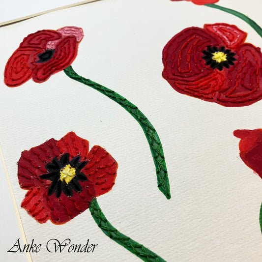 Hand-Embroidered Poppy Flowers Painting - Original - Anke Wonder LLC