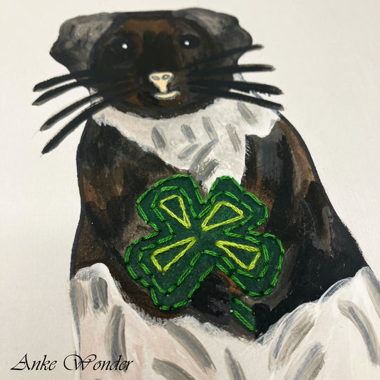 Hand-Embroidered Guinea Pig with Four-Leaf Clover Painting - Original - Anke Wonder LLC