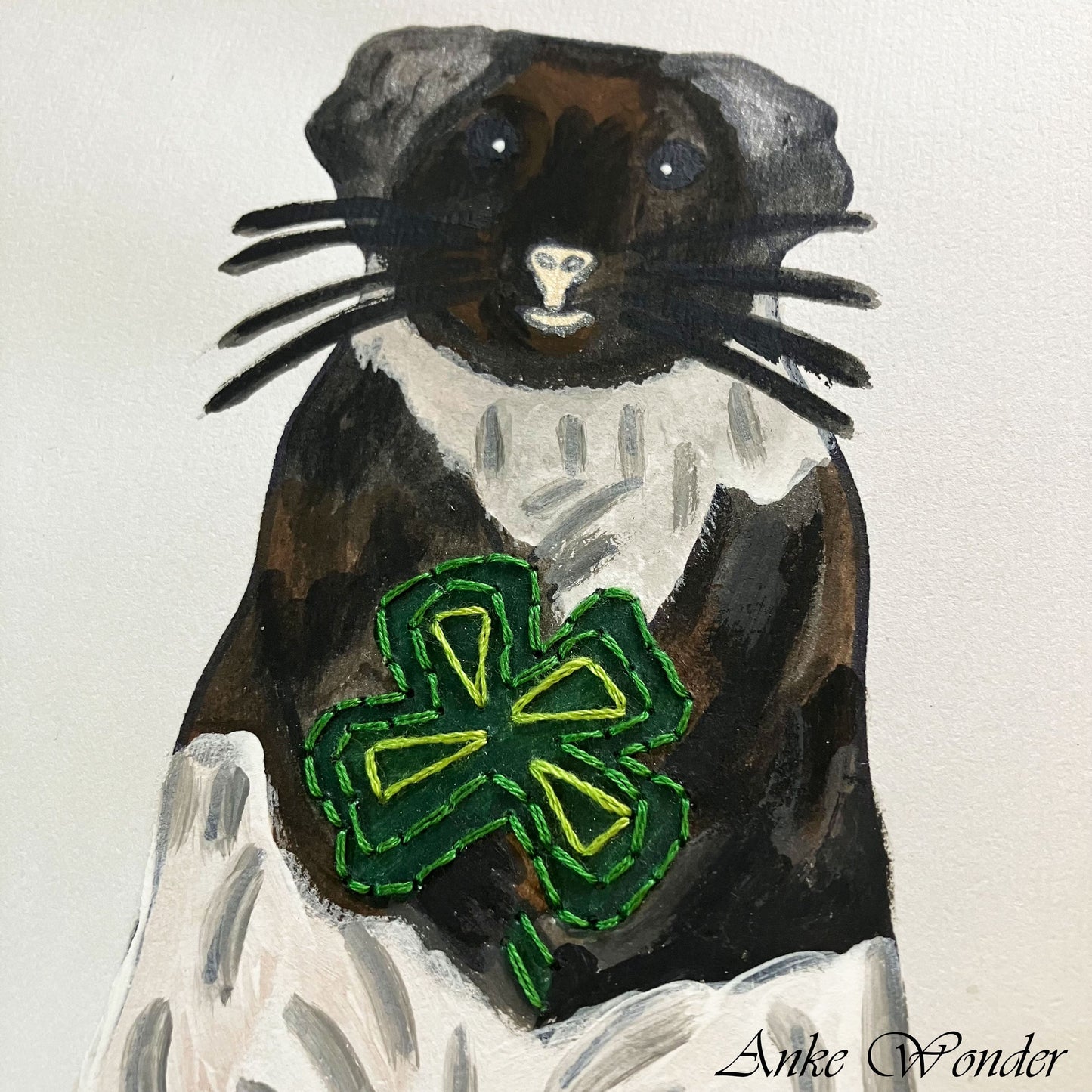 Hand-Embroidered Guinea Pig with Four-Leaf Clover Painting - Original - Anke Wonder LLC