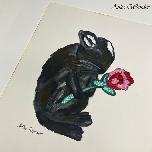 Hand-Embroidered Rabbit with Rose Painting - Original - Anke Wonder LLC
