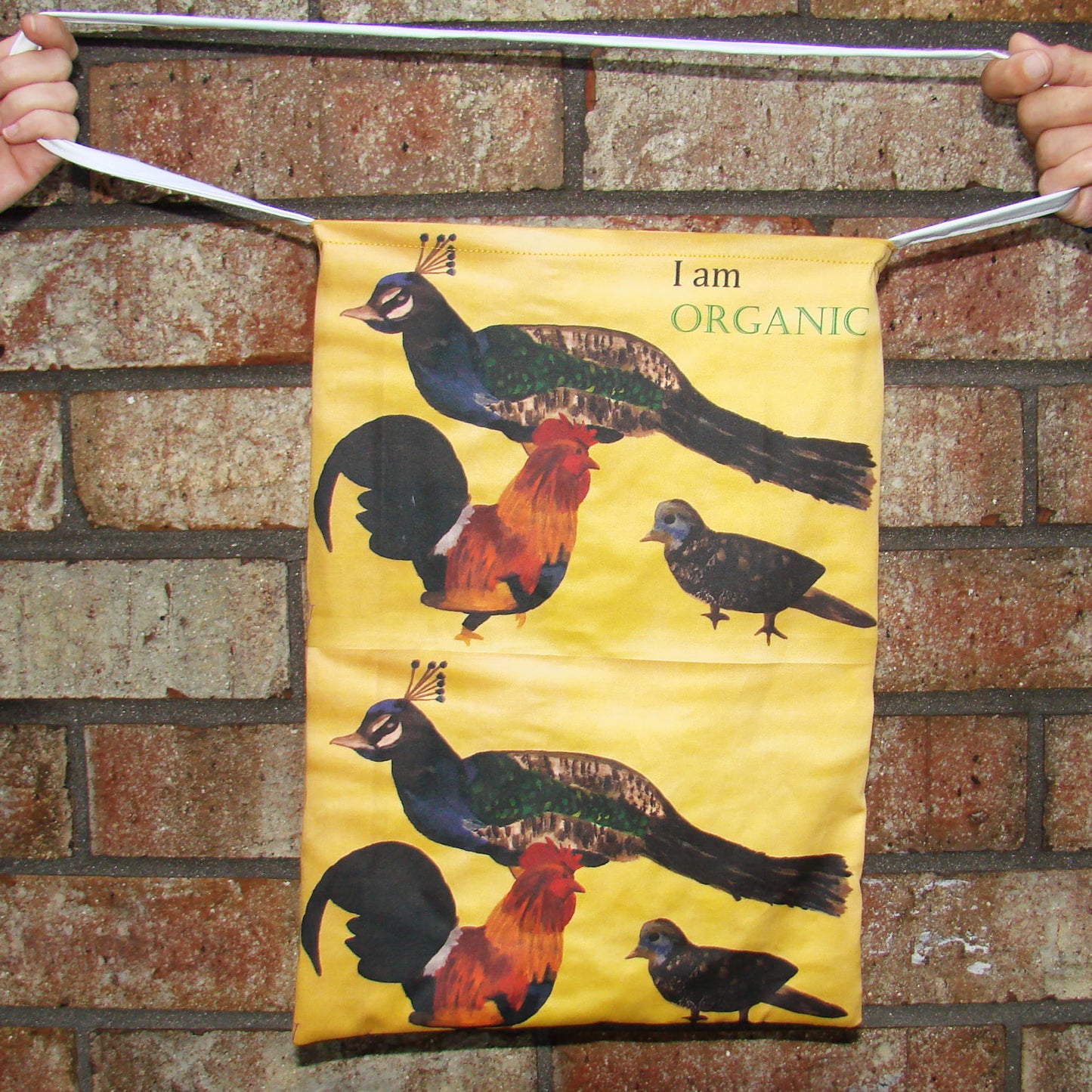Brown tote bag with peacock, bird and chicken and the words 'I#m Organic' in front of a wall.