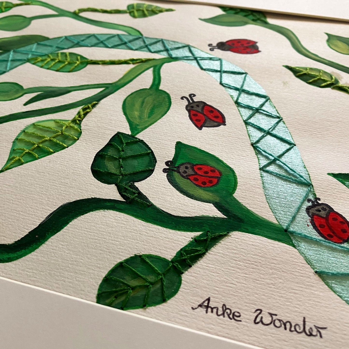 Hand-Embroidered Ladybirds and Leaves Painting - Original - Anke Wonder LLC