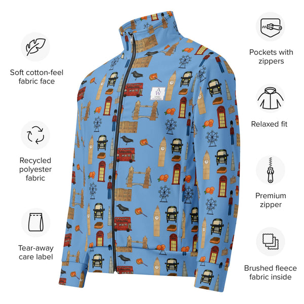 Flat lay of the men’s black track jacket with London icon prints, accompanied by product features and eco-certifications in English, including recycled material composition and soft fleece interior.