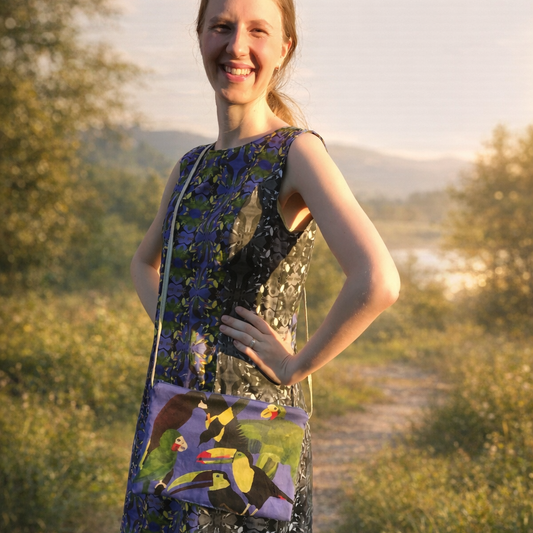 Woman holding a colorful bag with a nature-themed design in a scenic outdoor setting.
