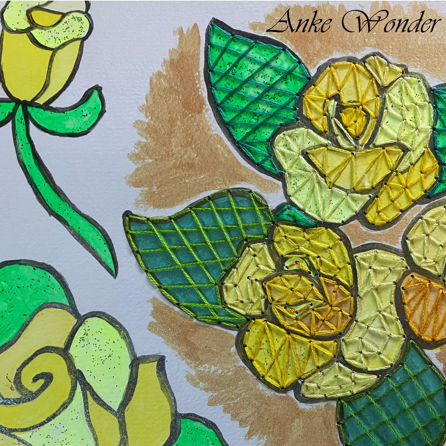 Hand-Embroidered Yellow Roses Painting - Original - Anke Wonder LLC