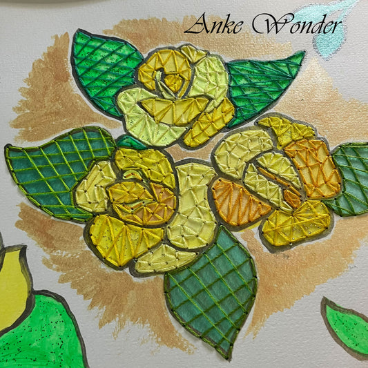 Hand-Embroidered Yellow Roses Painting - Original - Anke Wonder LLC