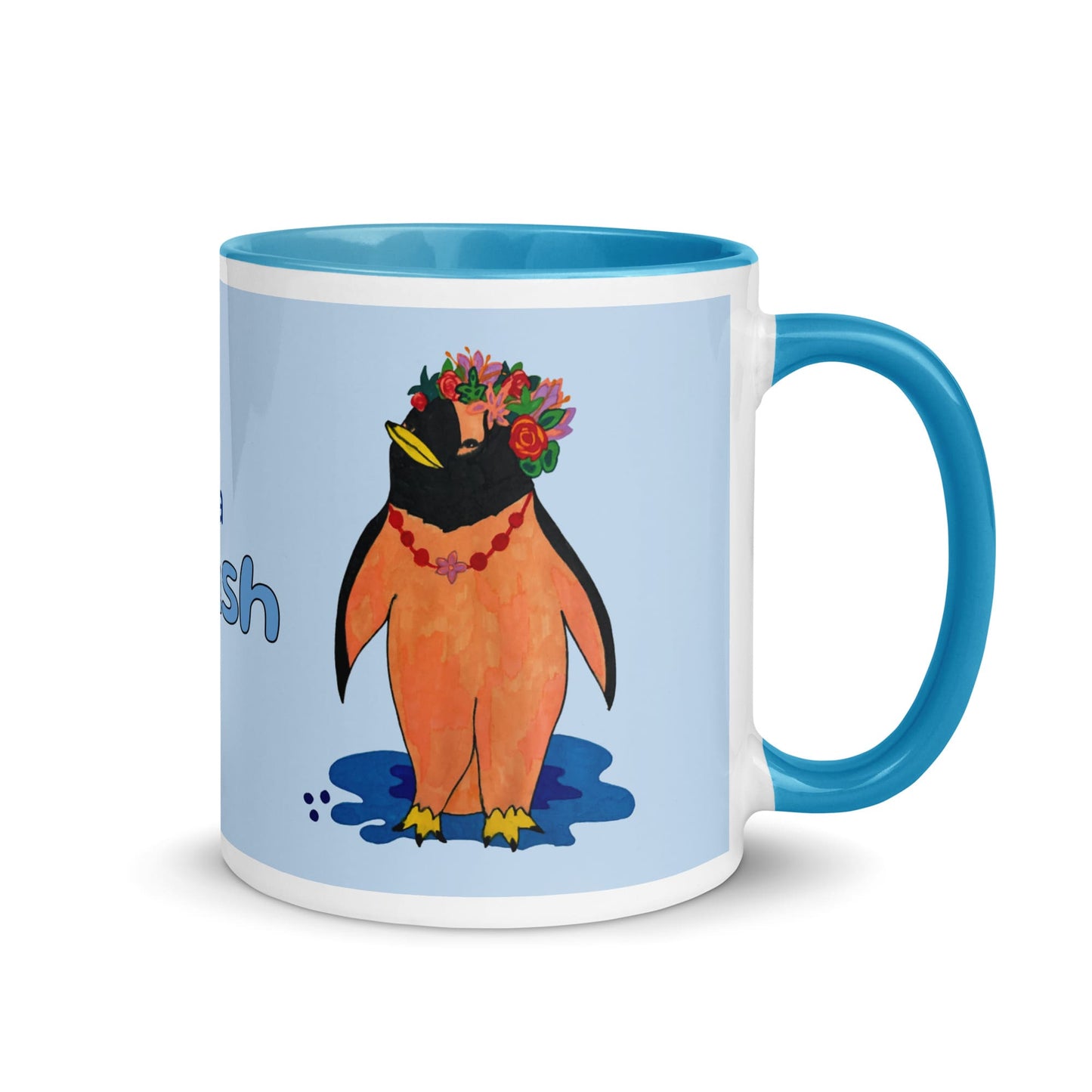 Mug with a penguin design on a light blue background