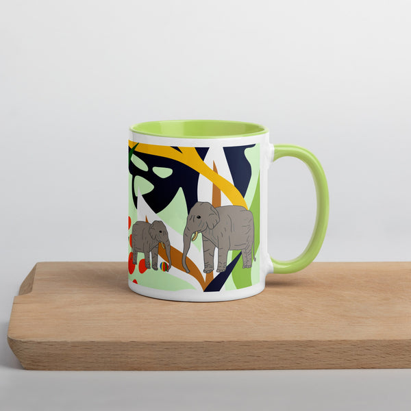 Right side of green-handled elephant mug showing a vibrant, abstract jungle setting with two grey elephants – illustrated by Anke Wonder.
