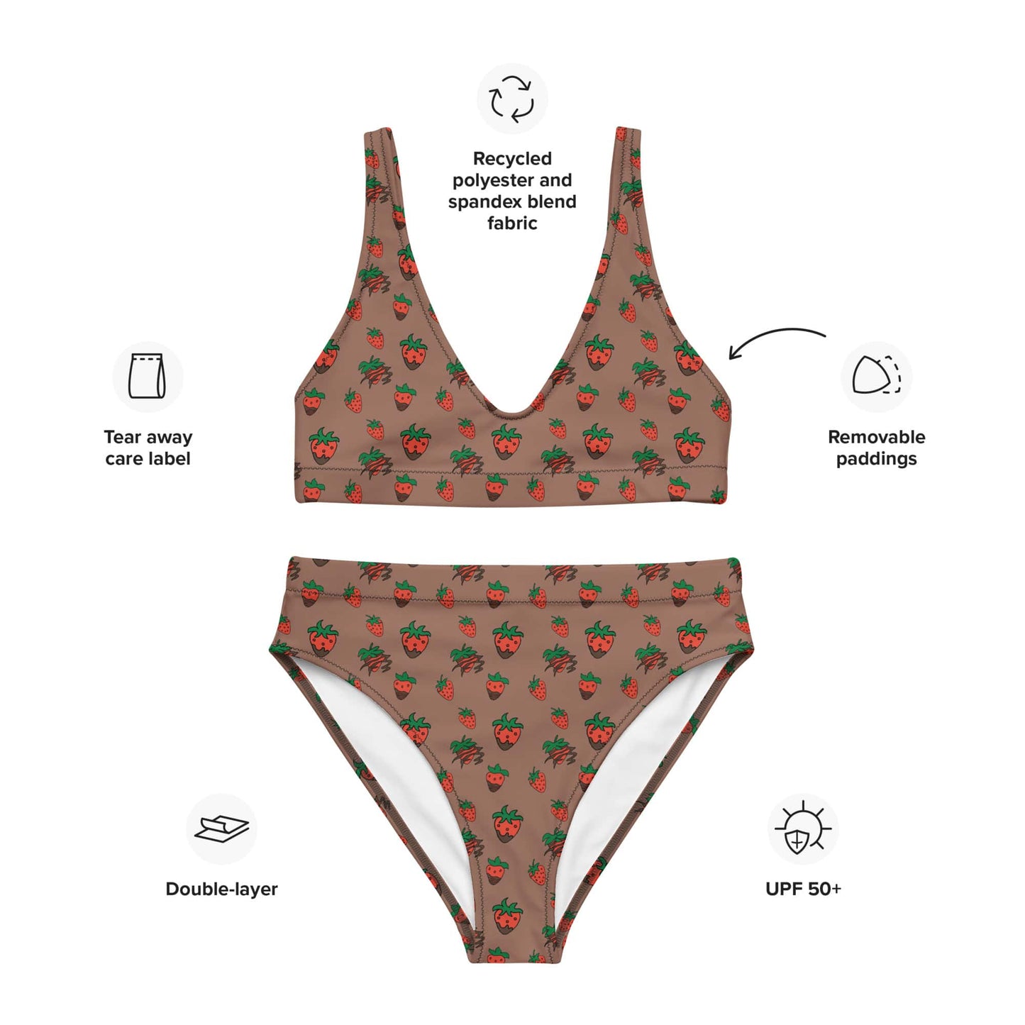 Flat lay of a brown high-waisted bikini with cute strawberry print made from recycled polyester, shown with infographic of product details.
