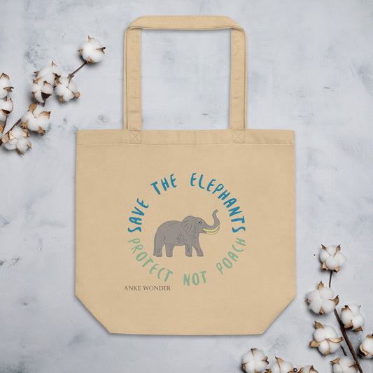 Save the Elephants tote bag with an illustrated elephant and message “Protect Not Poach.”