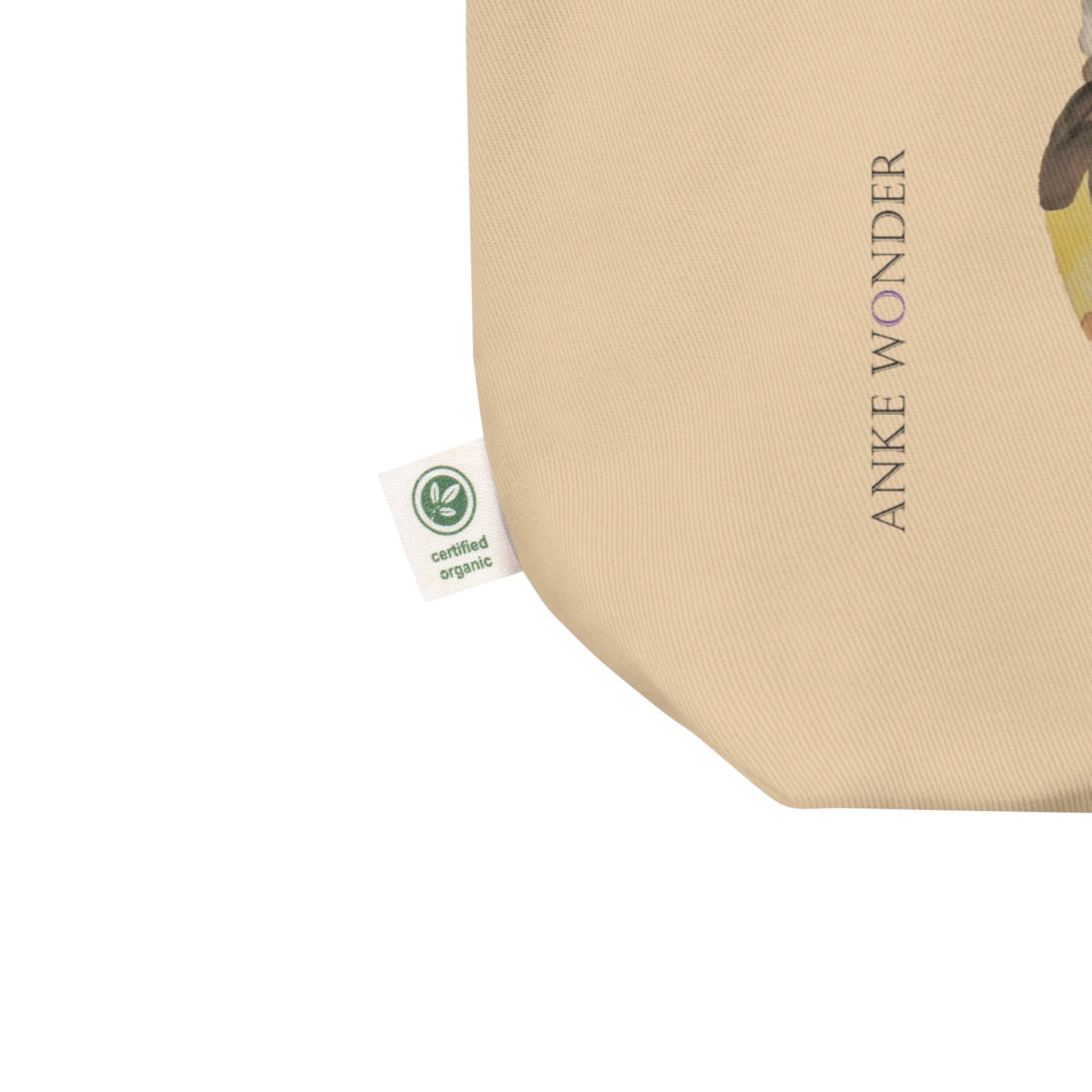 Detail of organic cotton tote bag with whimsical heart-shaped melting ice cream by Anke Wonder.