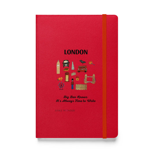 Close-up view of red hardcover London notebook with illustrated landmarks and playful quote 'Big Ben Knows It’s Always Time to Write' by Anke Wonder.