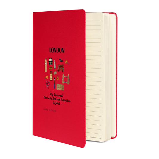 Stylish London-themed notebook with German quote, open to show lined cream-colored pages — perfect for everyday writing and note-taking.