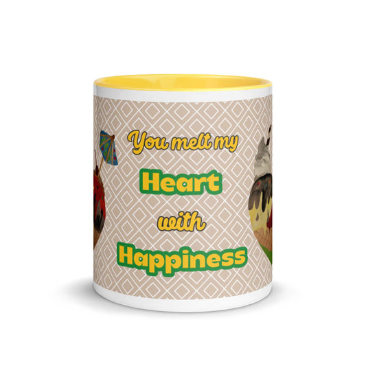 Ceramic mug with yellow handle and inside, displaying the quote “You melt my heart with Happiness.” in elegant typography, centered between two hand-drawn ice cream hearts.