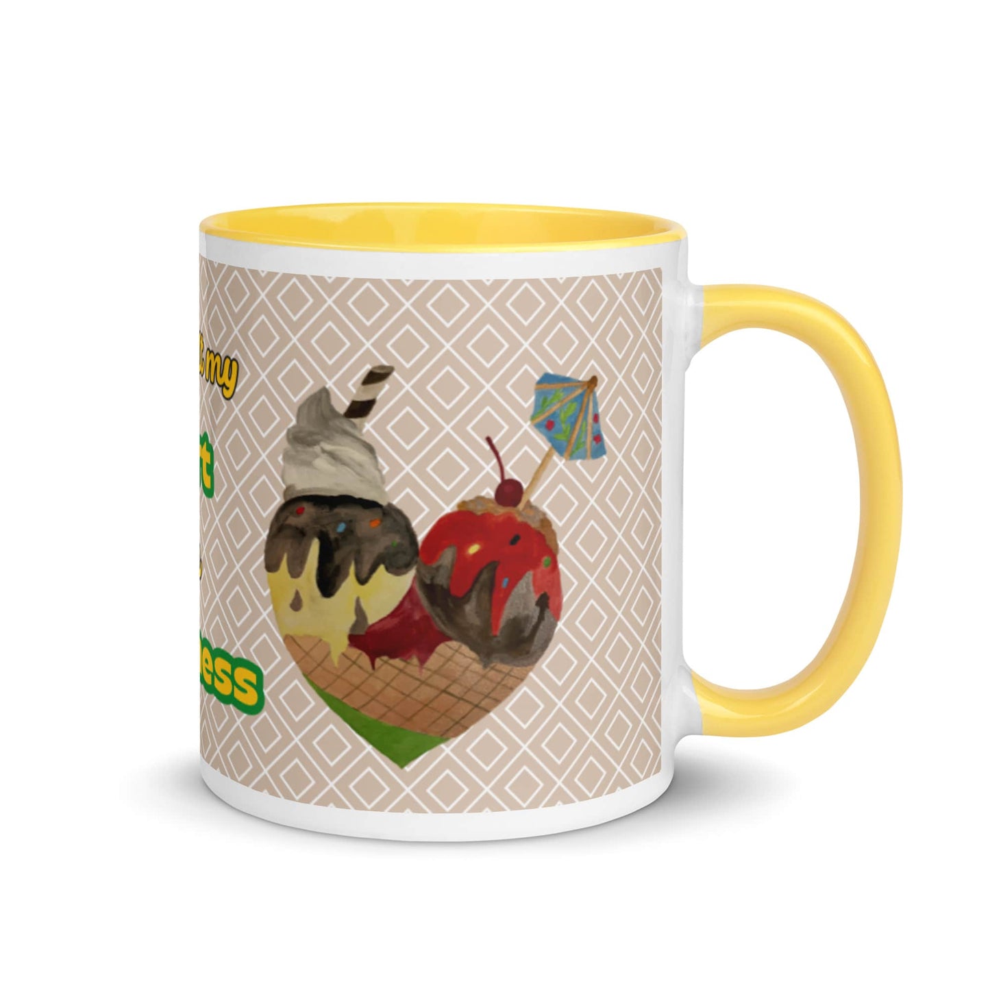 Right side of a ceramic mug with a yellow handle, featuring another heart illustration made from hand-drawn ice cream scoops.