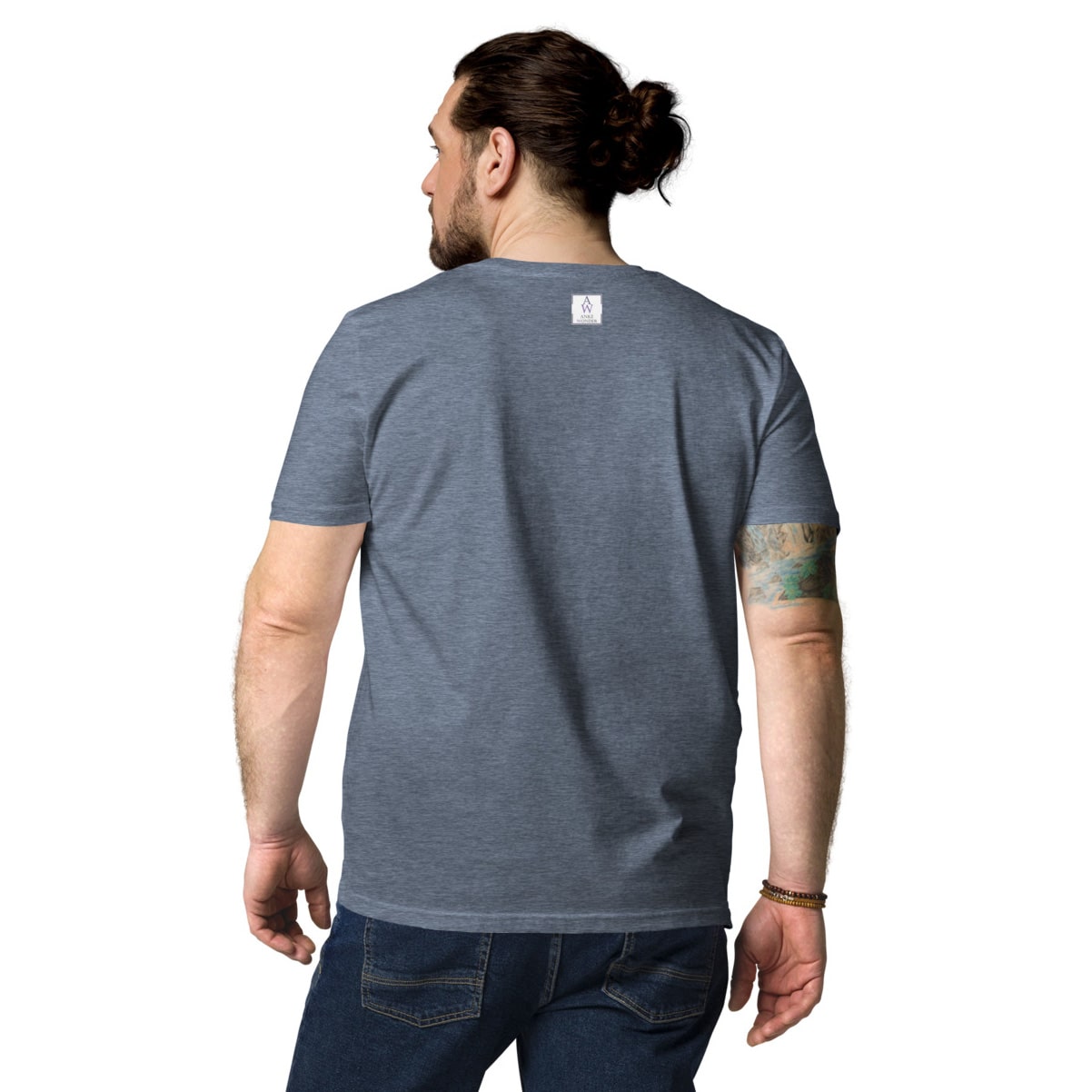 Back view of man wearing plain dark heather blue organic cotton t-shirt showing clean and minimal back with the Anke Wonder logo.