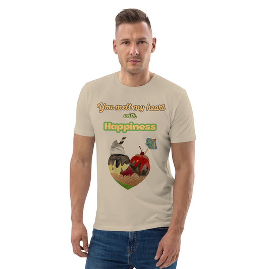 Man wearing a desert dust organic cotton t-shirt with colorful ice cream heart design and the phrase “You melt my heart with Happiness,” standing with a neutral expression.