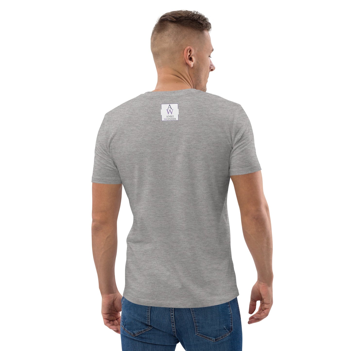 Back of the Grey t-shirt featuring the Anke Wonder label, blending sustainable fashion with everyday wear.