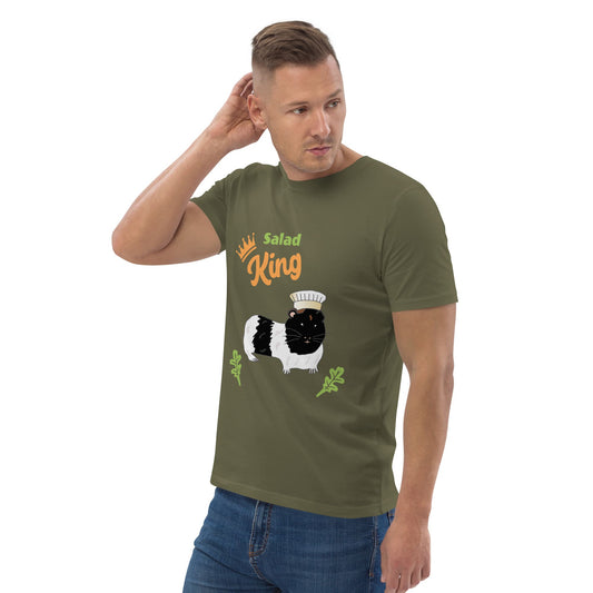 Front angle view of a men's organic cotton t-shirt in khaki by Anke Wonder. The "Salad King" design features a cute guinea pig chef with a crown and leafy greens.