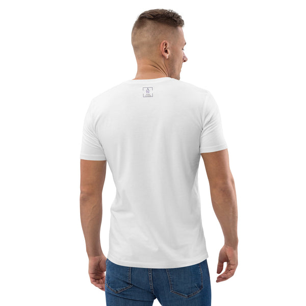Back view of men’s organic cotton t-shirt in White showing Anke Wonder branding detail below neckline.