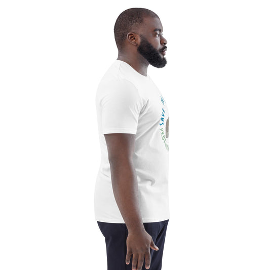 Side profile of a man in a white organic cotton “Save the Elephants – Protect Not Poach” t-shirt; the side view emphasizes fit and comfort.