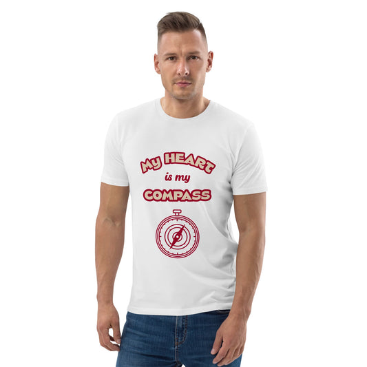 Men’s white organic cotton t-shirt with bold red ‘My Heart is My Compass’ text and compass graphic — ethical vegan apparel for spiritual lifestyle.