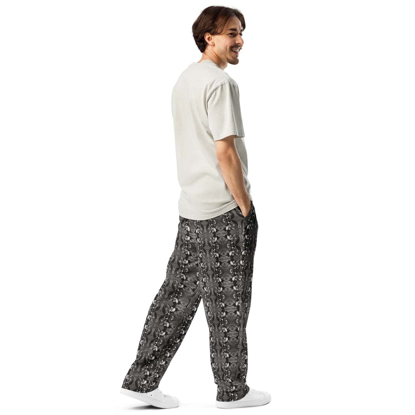 A model showcasing the back view of the wide-leg joggers, emphasizing the relaxed fit and smooth drape of the fabric.