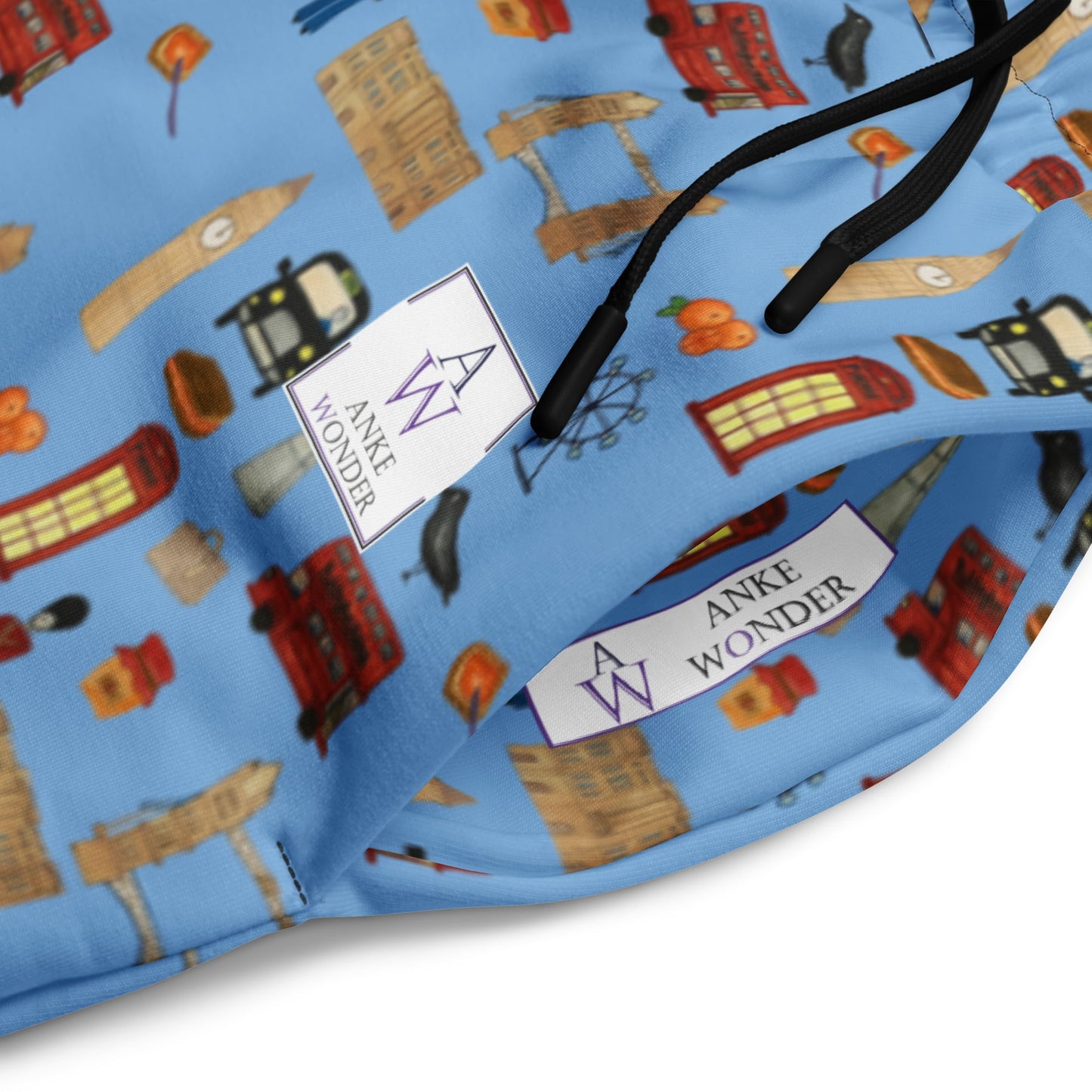 Close-up of side pocket on men’s joggers showing part of the London design with visible stitching and the Anke Wonder branding.