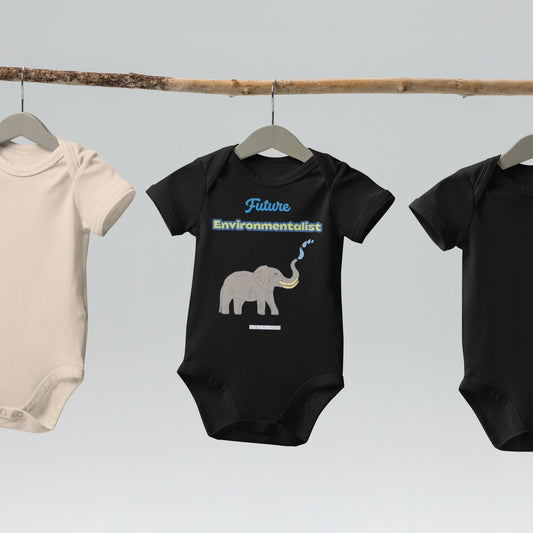 Black bodysuits displayed on a hanger with elephant graphic and the words 'Future Environmentalist' by Anke Wonder.