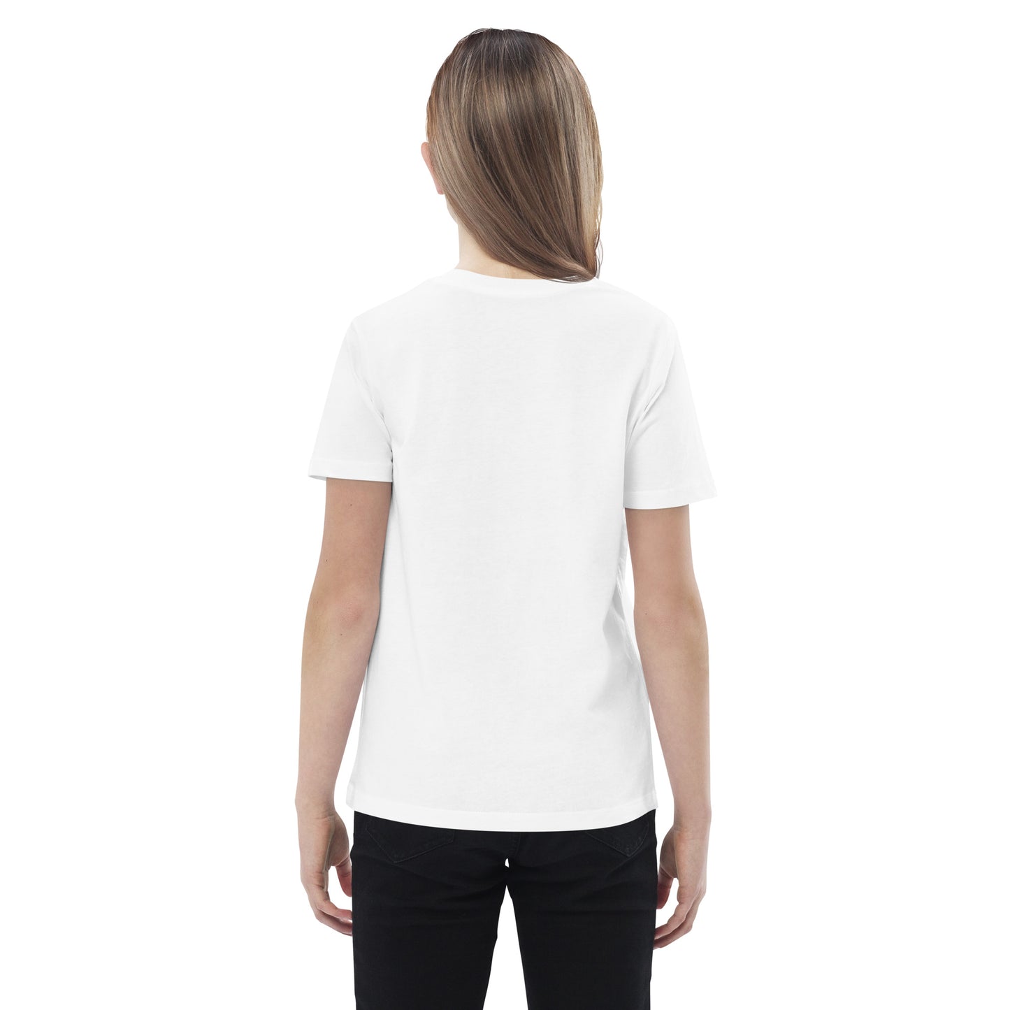 Girl wearing a plain white t-shirt on a white background.