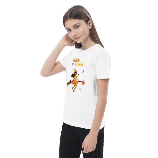 Girl wearing a white t-shirt with a Halloween-themed design with 'trick or treat' text on a white background
