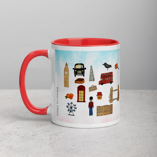 Left side view of ceramic mug showcasing London landmarks design with red handle and Big Ben illustration visible.