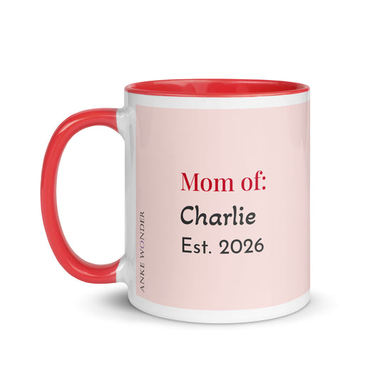 Back view of personalized Guinea Pig Mom ceramic mug featuring a cute brown and white guinea pig illustration with red handle and red interior, held in hands.