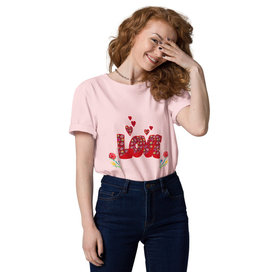 Women’s LOVE Graphic T-Shirt - Organic Cotton Hearts & Roses (Black, Pink & White) - Anke Wonder LLC