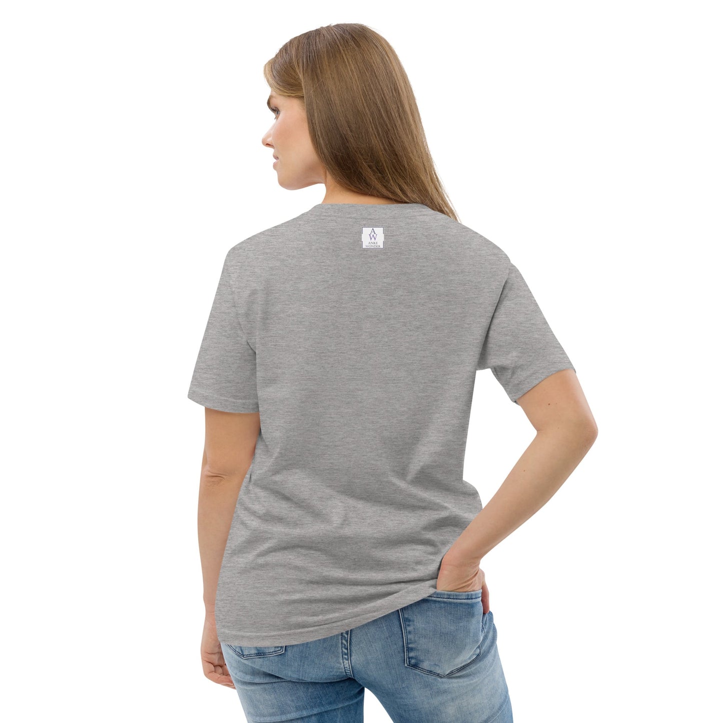 Back of women's organic cotton t-shirt in heather grey — simple, clean design with sustainable stitching and breathable fabric by Anke Wonder.
