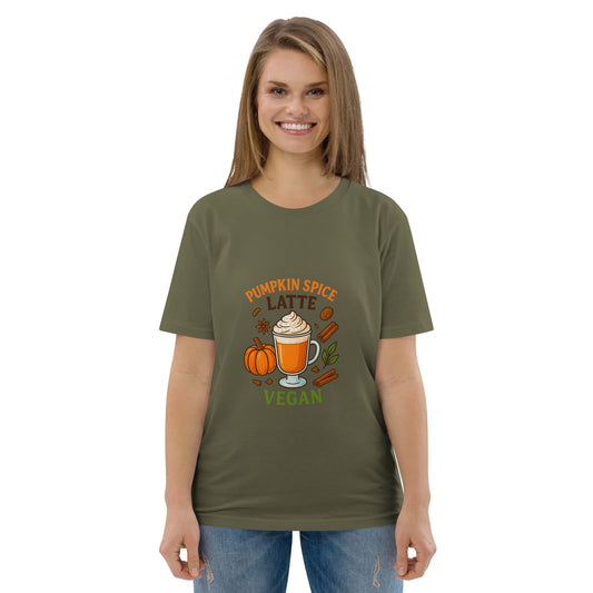 Woman wearing a green t-shirt with pumpkin spice latte design on a white background
