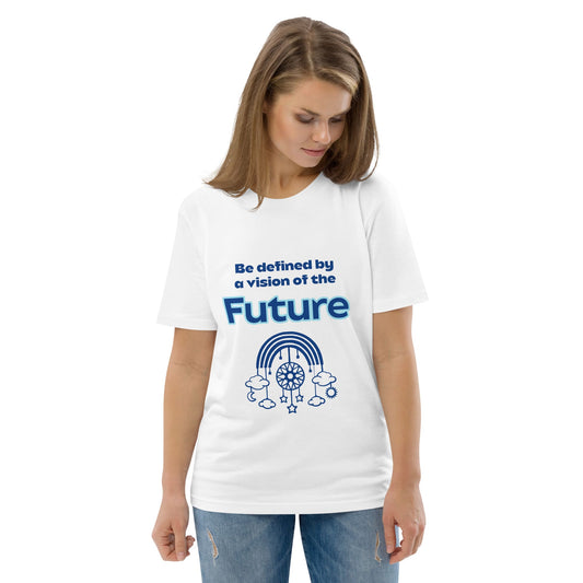 Woman wearing an organic cotton t-shirt in white with “Be defined by a vision of the Future” design featuring a rainbow, stars, and clouds.