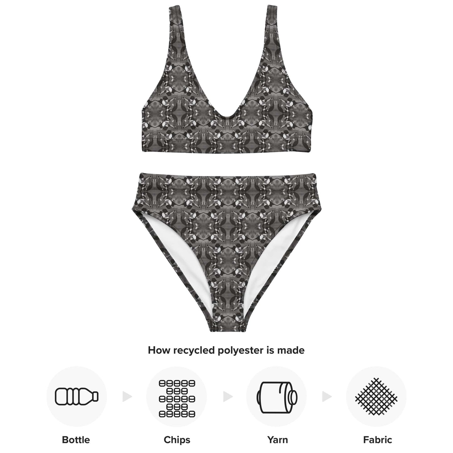 Black and white bird patterned bikini set with recycling process icons on a white background.