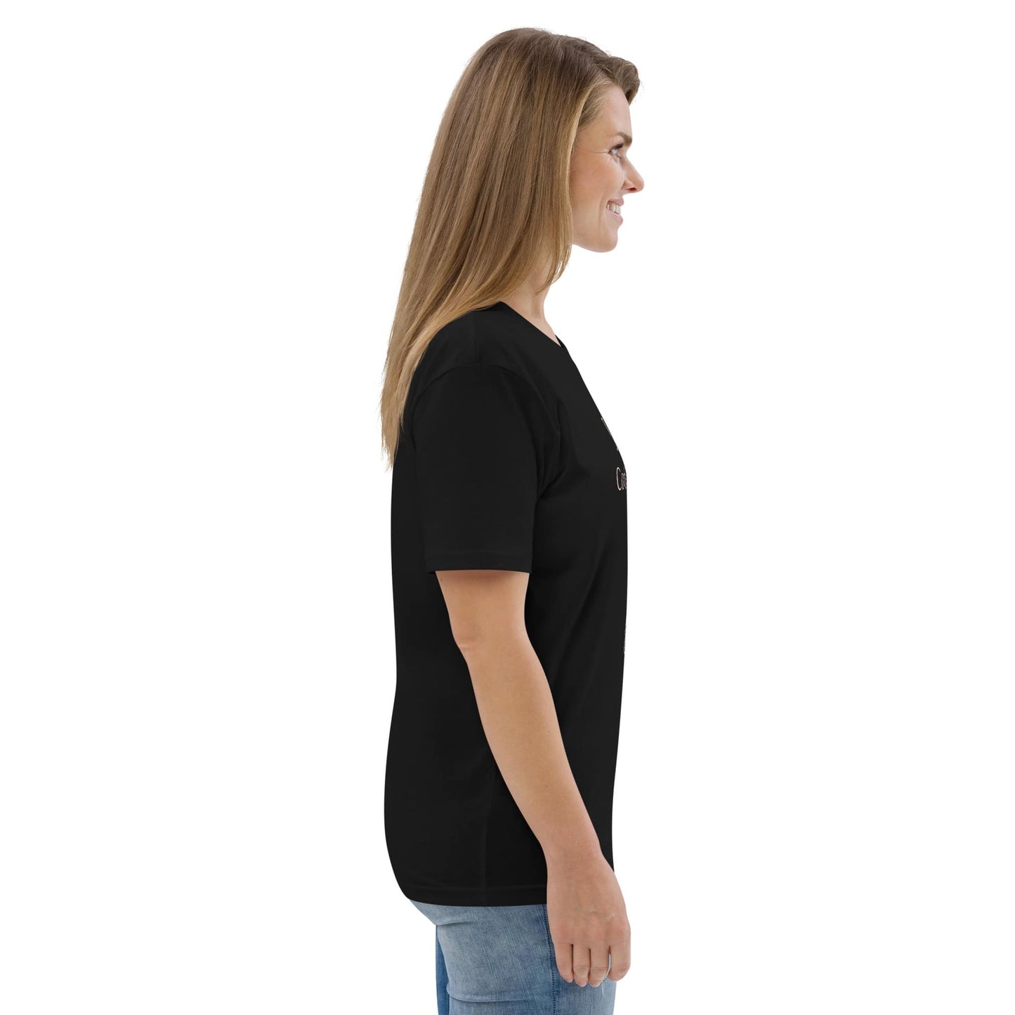 Side-back right view of a women's black organic cotton t-shirt, showing the breathable fabric and sustainable design.